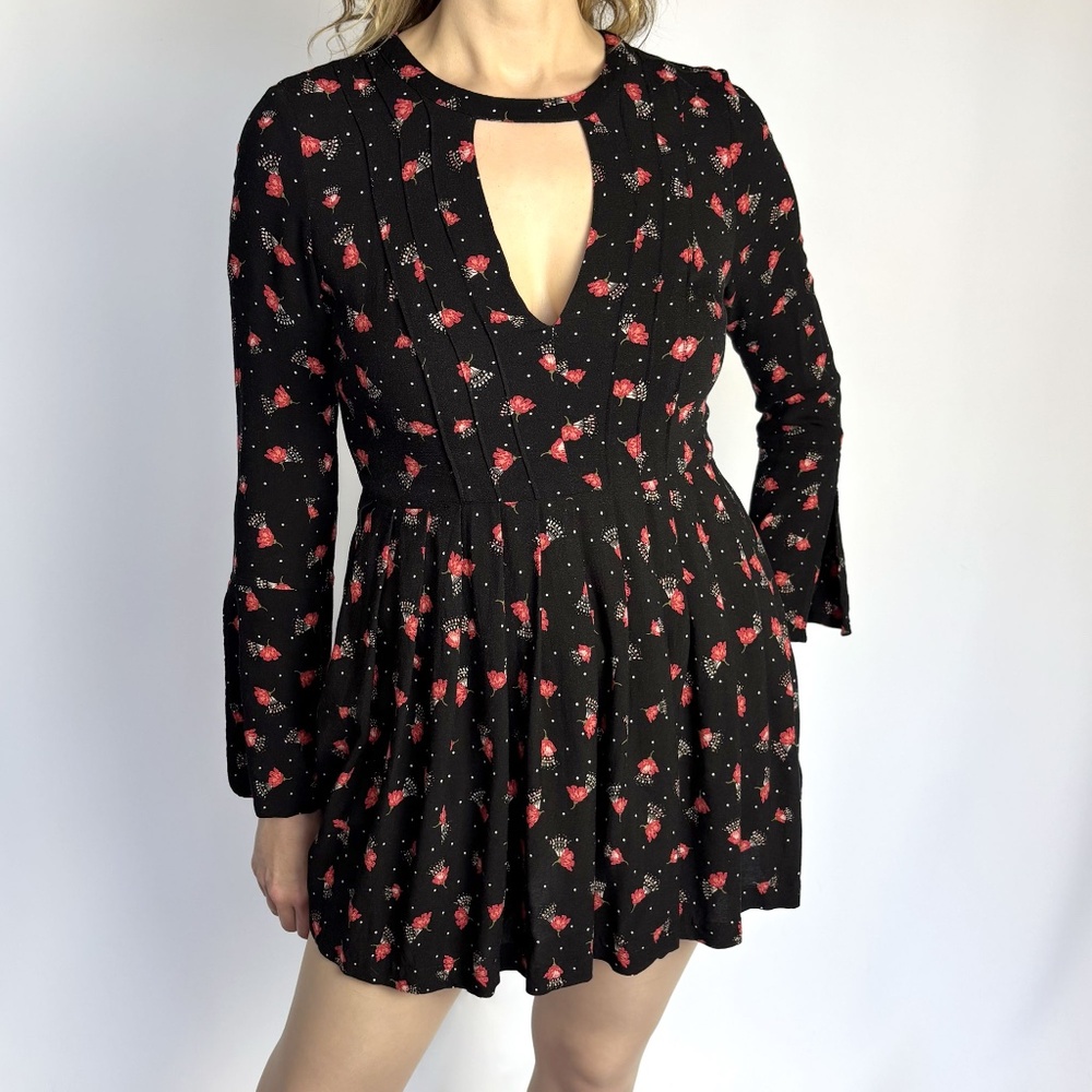 Free People Black Red Floral Mini Dress – Size 8 - Picture 3 of 16